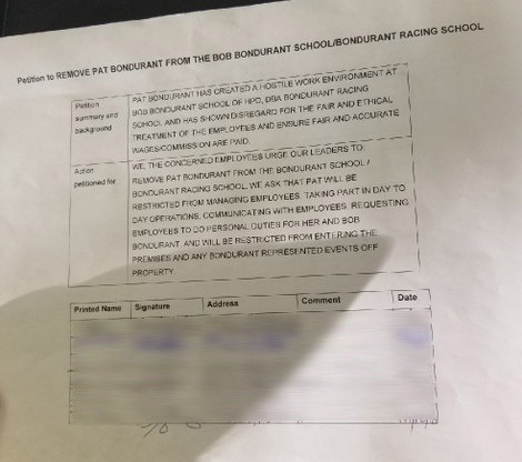The petition said to have been given to Pat Bondurant, asking for her removal from the driving school.